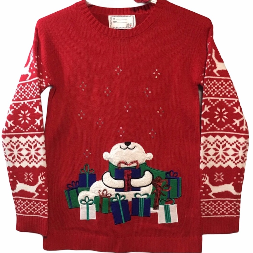 UGLY XMAS GRANDMA Graphic SWEATER DEREK MED BEAR GIFTS SNOWFLAKES